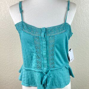 O'Neil Teal Embroidered Lace Trim Peplum Cami Pull String Top Sz S NWT